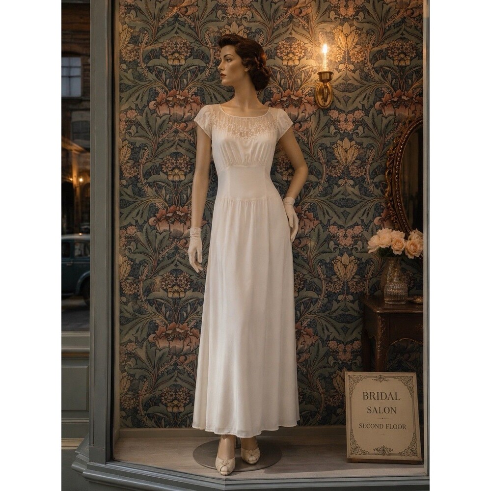 Vintage 1940s Barbizon White Bridal Romantic Dress Embroidered Yoke Nightgown